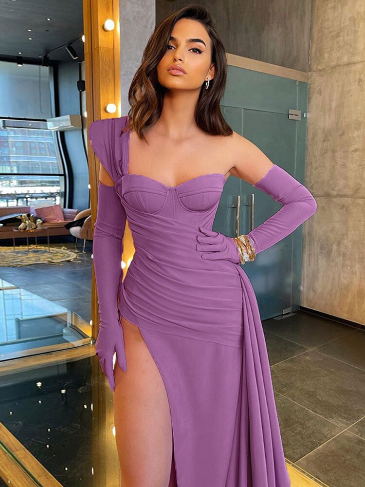 Solid Satin Asymmetric Slit Long Sleeve Dress Mssaz Desses