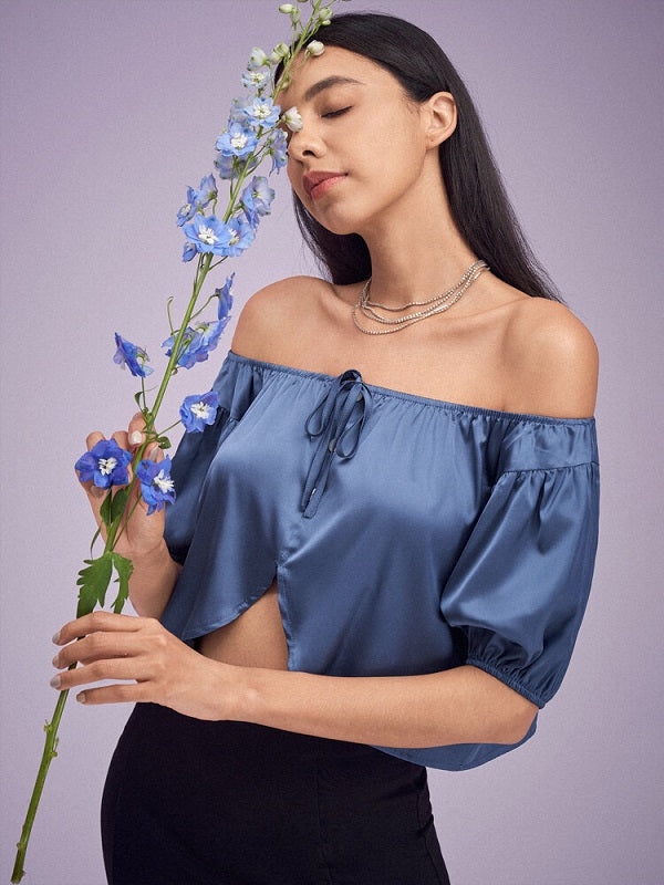 Solid Satin Slit Tie Button Off Shoulder Short Sleeve Crop Top Mssza