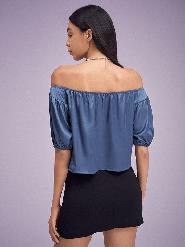 Solid Satin Slit Tie Button Off Shoulder Short Sleeve Crop Top Mssza