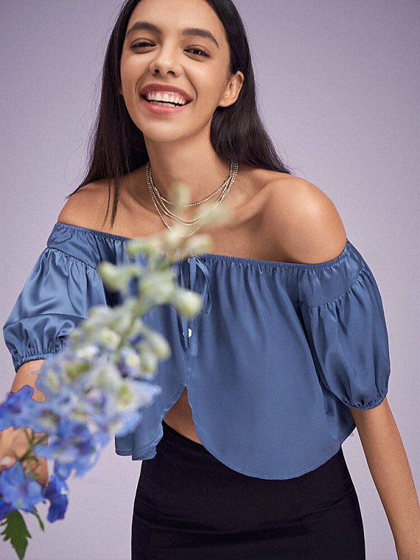 Solid Satin Slit Tie Button Off Shoulder Short Sleeve Crop Top Mssza