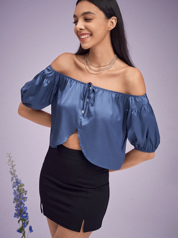 Solid Satin Slit Tie Button Off Shoulder Short Sleeve Crop Top Mssza