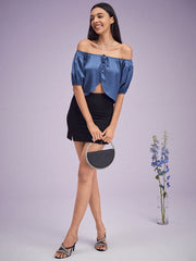 Solid Satin Slit Tie Button Off Shoulder Short Sleeve Crop Top Mssza