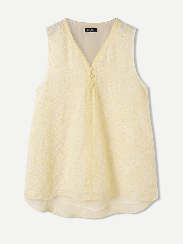 Solid Sleeveless Button V-neck Casual Tank Top Mssza