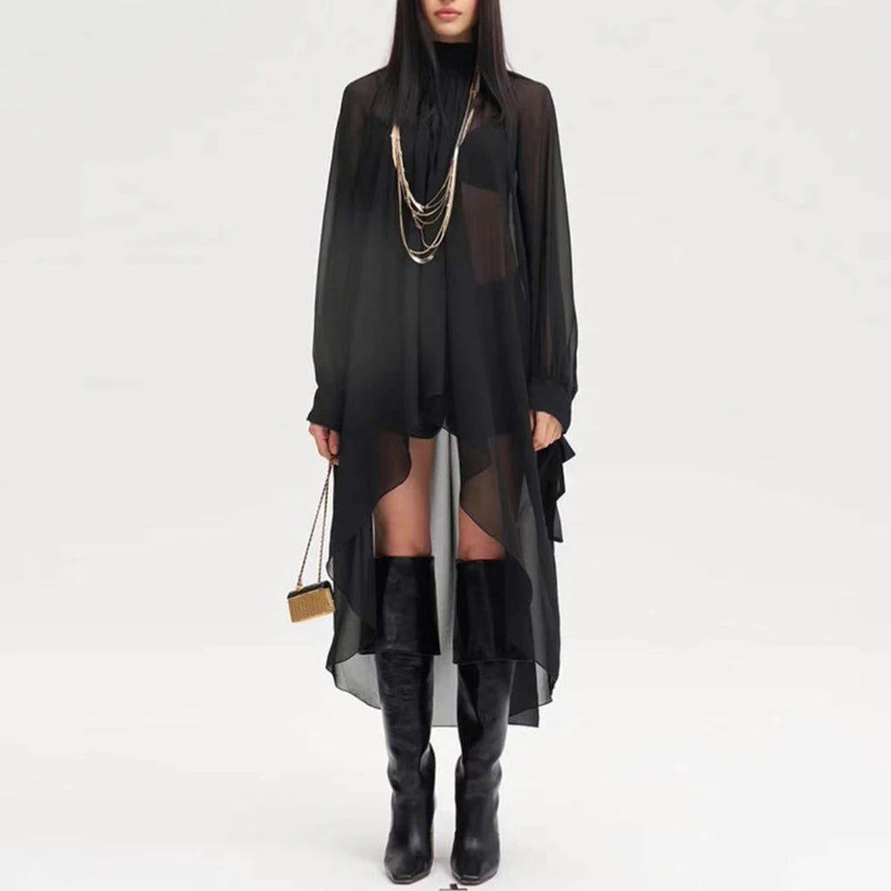 Casual Solid Spliced Folds Neck Long Sleeve Irregular Loose Blouses Shirts Mssza