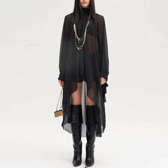 Casual Solid Spliced Folds Neck Long Sleeve Irregular Loose Blouses Shirts Mssza