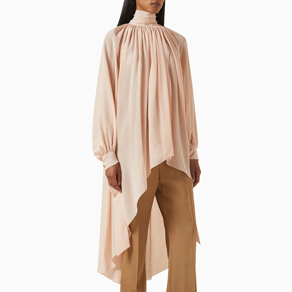 Casual Solid Spliced Folds Neck Long Sleeve Irregular Loose Blouses Shirts Mssza