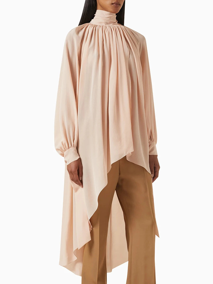 Casual Solid Spliced Folds Neck Long Sleeve Irregular Loose Blouses Shirts Mssza
