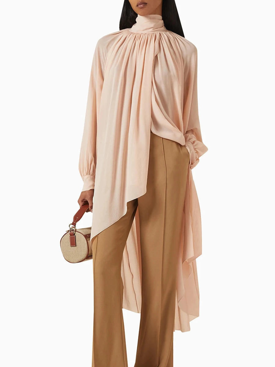 Casual Solid Spliced Folds Neck Long Sleeve Irregular Loose Blouses Shirts Mssza