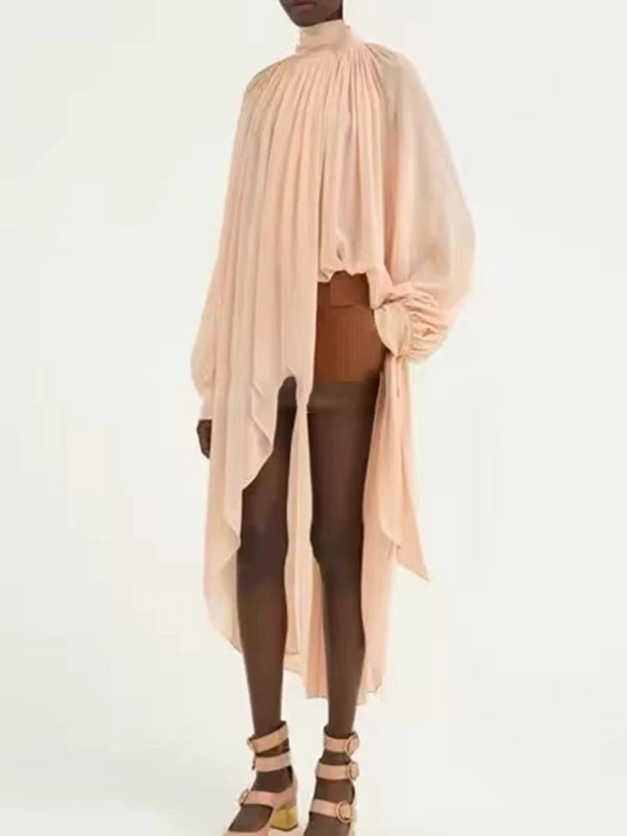 Casual Solid Spliced Folds Neck Long Sleeve Irregular Loose Blouses Shirts Mssza