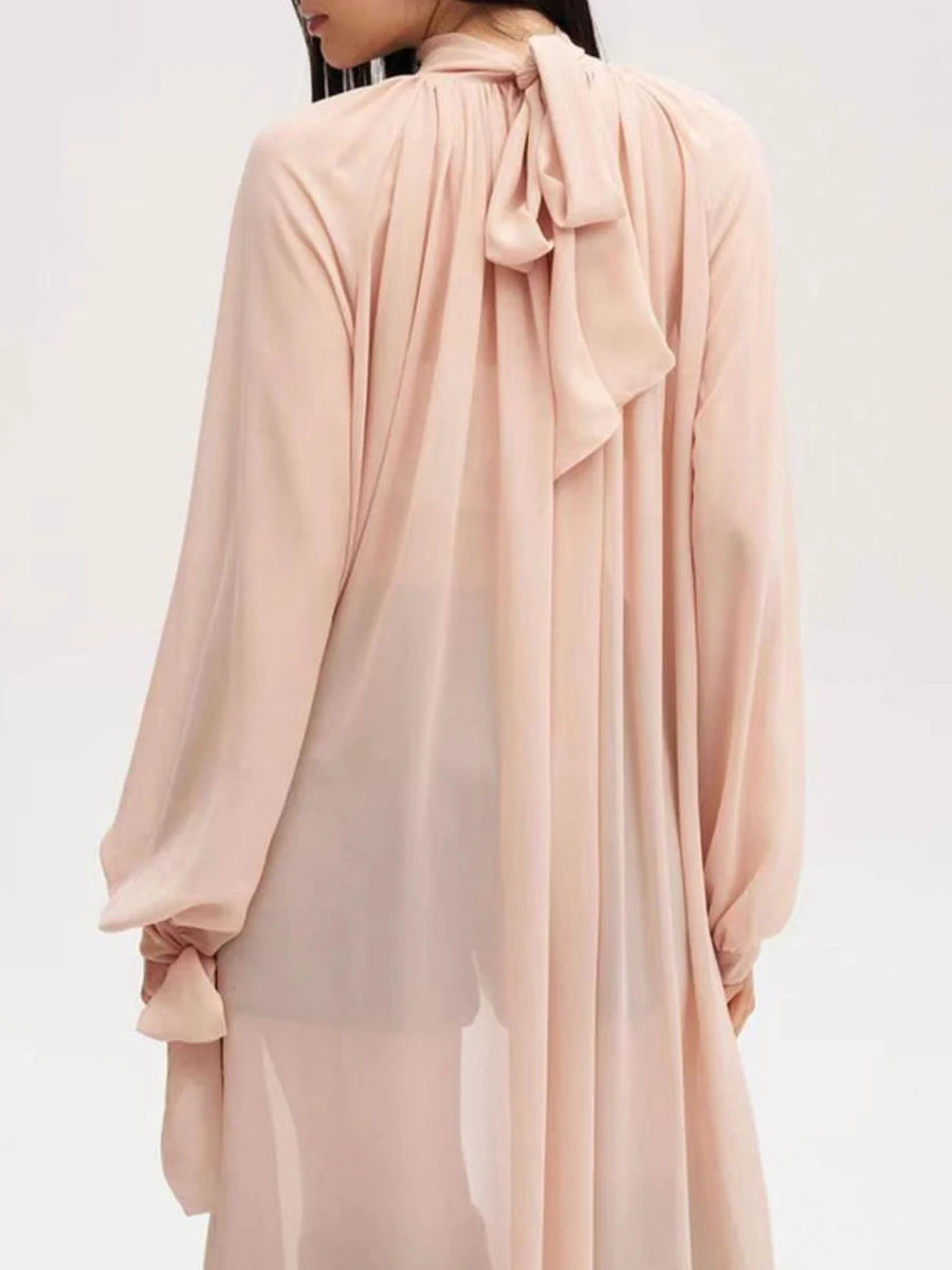 Casual Solid Spliced Folds Neck Long Sleeve Irregular Loose Blouses Shirts Mssza
