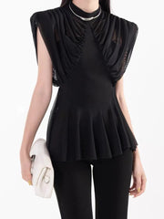 Solid Spliced Folds O Neck Sleeveless Tunic Temperament Blouses Shirts Mssza