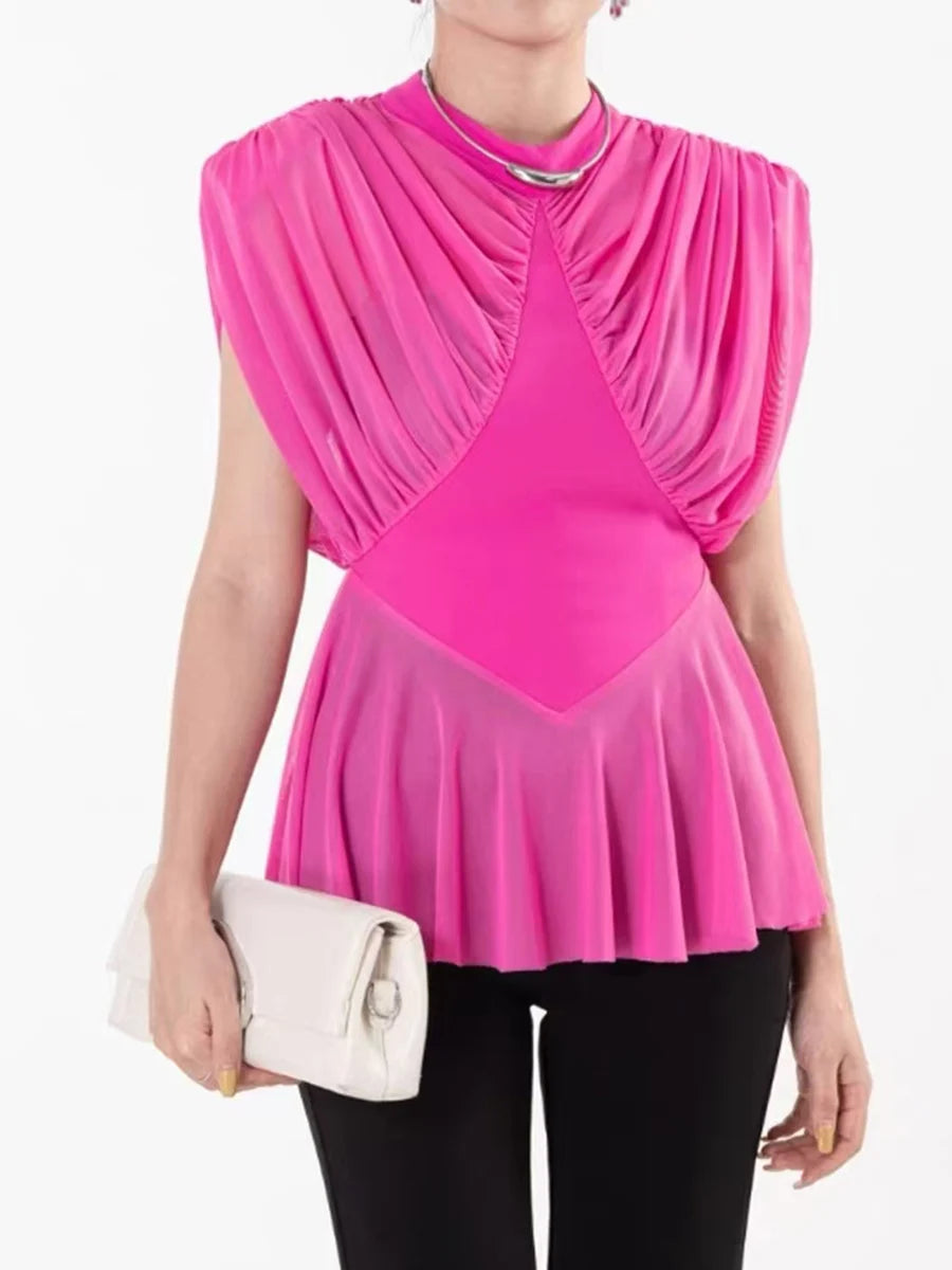 Solid Spliced Folds O Neck Sleeveless Tunic Temperament Blouses Shirts Mssza