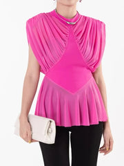 Solid Spliced Folds O Neck Sleeveless Tunic Temperament Blouses Shirts Mssza