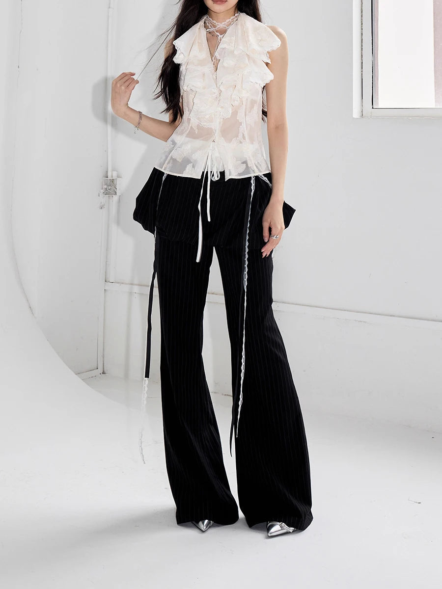 Solid Spliced Ruffles V Neck Sleeveless Tunic Temperament Minimalist Vests Top Mssza