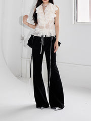 Solid Spliced Ruffles V Neck Sleeveless Tunic Temperament Minimalist Vests Top Mssza