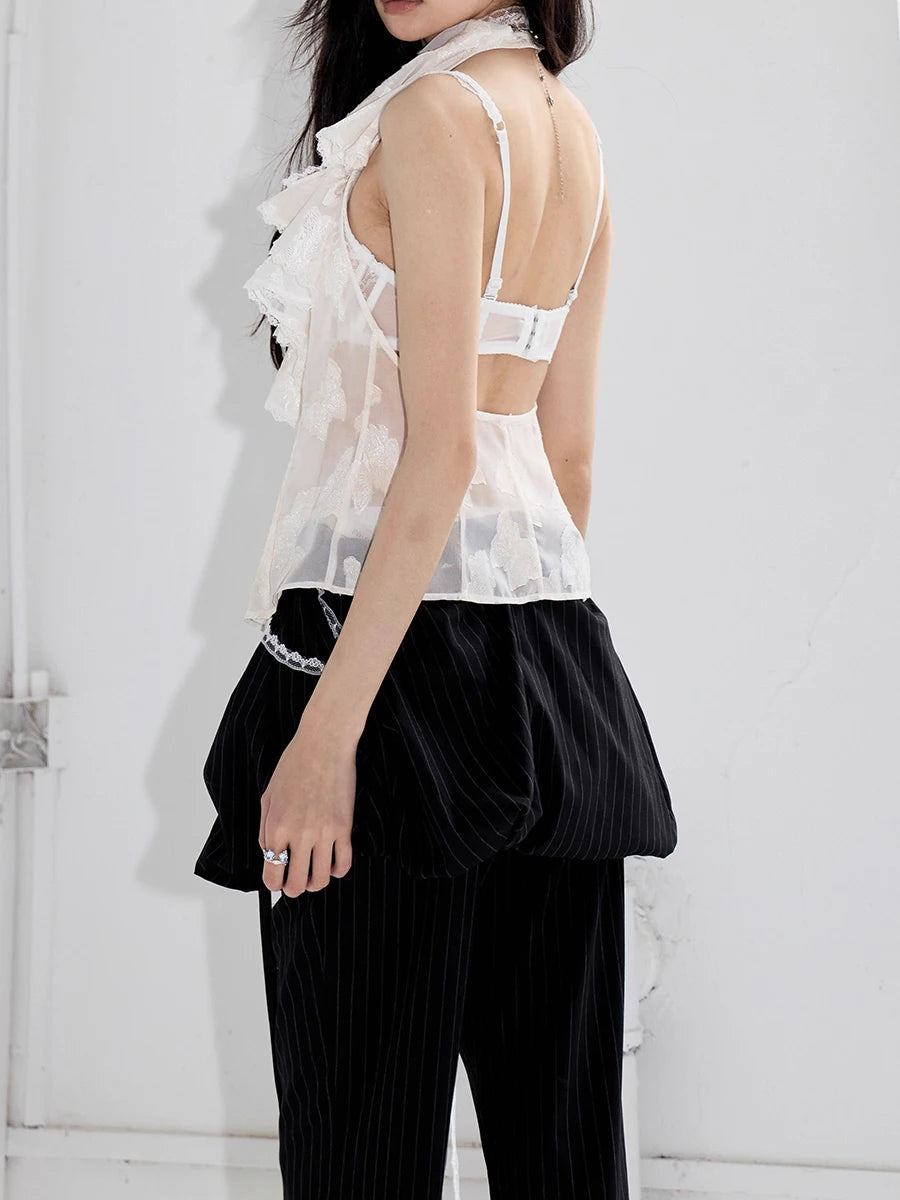 Solid Spliced Ruffles V Neck Sleeveless Tunic Temperament Minimalist Vests Top Mssza