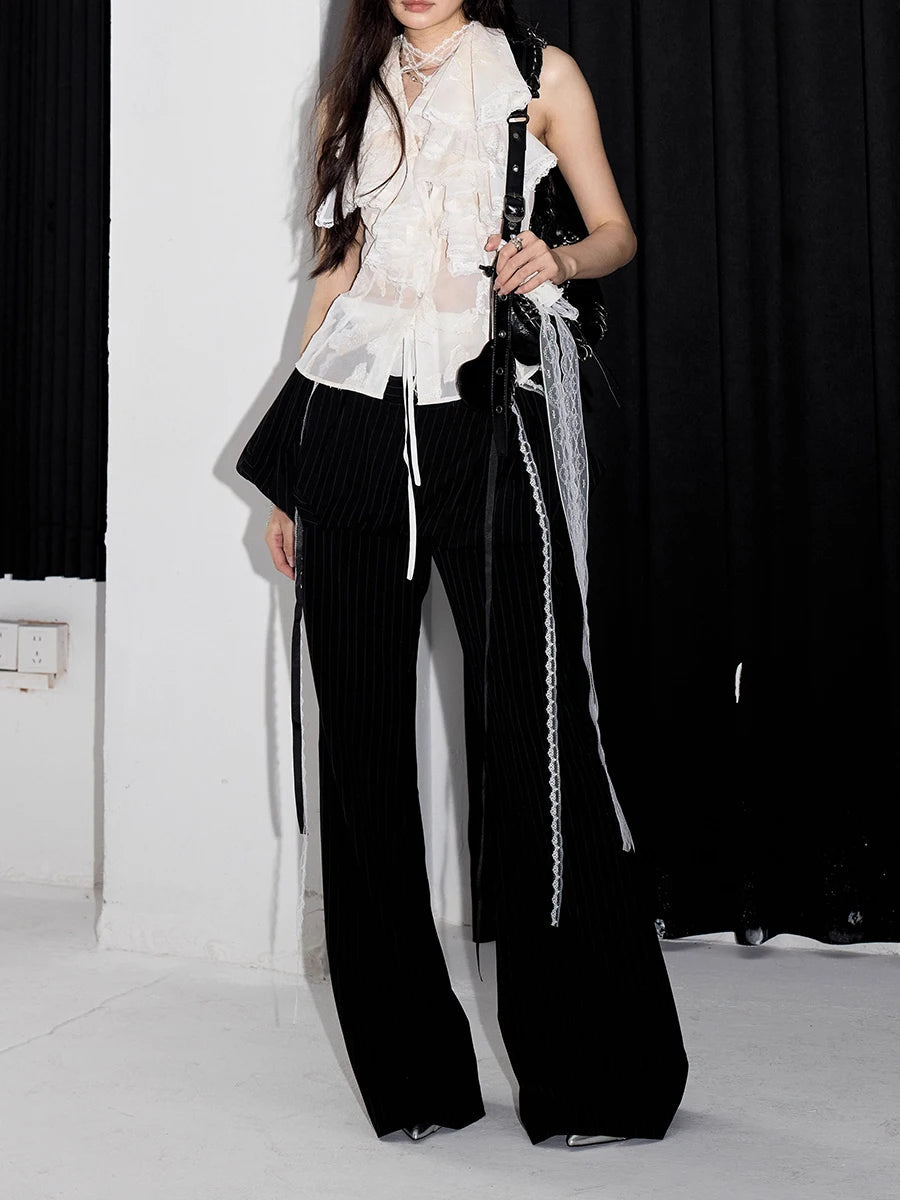 Solid Spliced Ruffles V Neck Sleeveless Tunic Temperament Minimalist Vests Top Mssza