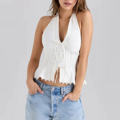 Solid V Neck Sleeveless Tunic Temperament Spliced Lace Up Top Mssza