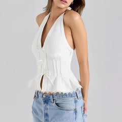 Solid V Neck Sleeveless Tunic Temperament Spliced Lace Up Top Mssza