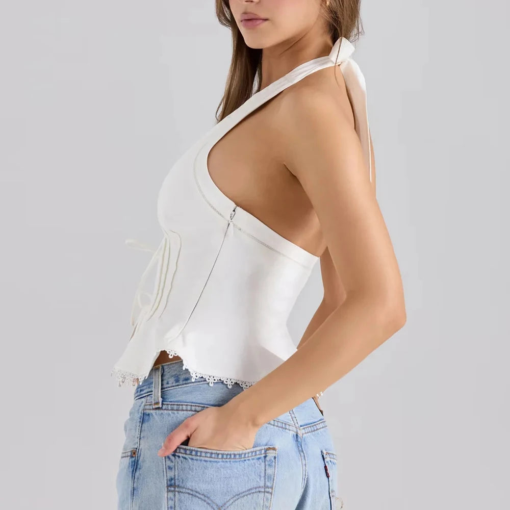 Solid V Neck Sleeveless Tunic Temperament Spliced Lace Up Top Mssza