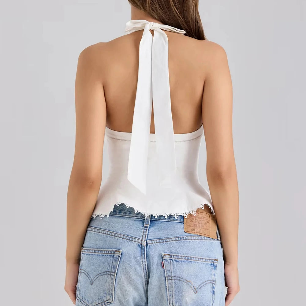 Solid V Neck Sleeveless Tunic Temperament Spliced Lace Up Top Mssza