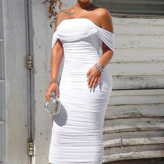 Solid White Ruched Mini Dress Off Shoulder Party Dress Elegant Office Ladies Formal Celebrate Bodycon Midi Dresses Mssaz Desses