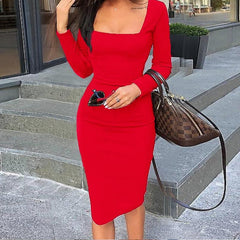 Solid color square collar long sleeve bodycon dress Mssaz Desses