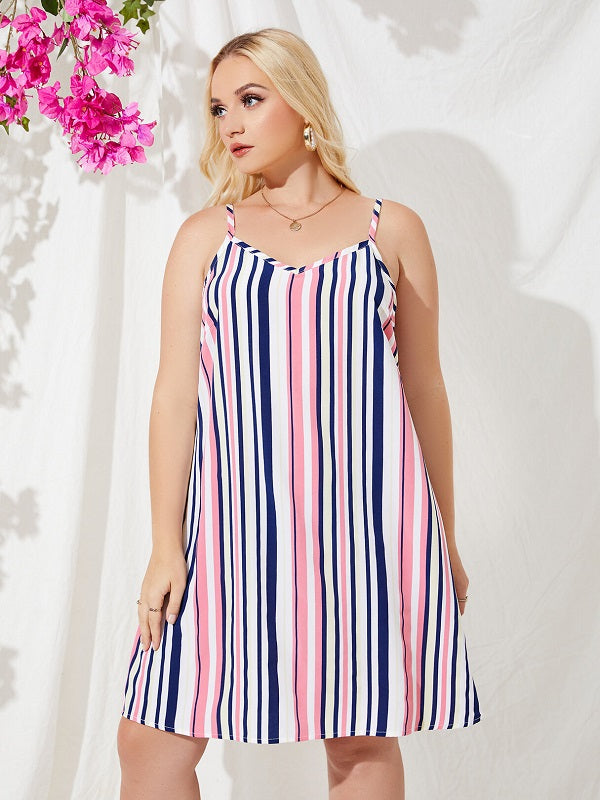 Spaghetti Striped Backless Design Sleeveless Dress Mssza