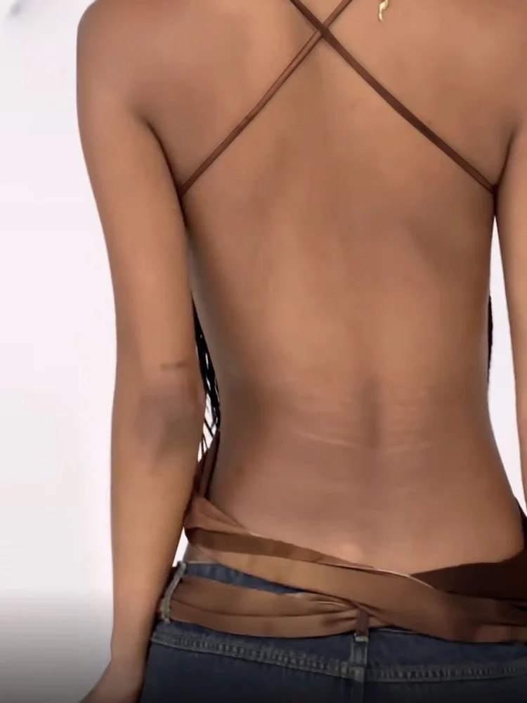 Spandex Sequined Solid Backless Lace Up Crop Short Tops Mssza