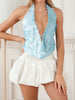 Sparkly Sequined Backless Halter Off Shoulder Backless Mini Tank Tops Mssza