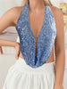 Sparkly Sequined Backless Halter Off Shoulder Backless Mini Tank Tops Mssza
