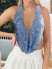 Sparkly Sequined Backless Halter Off Shoulder Backless Mini Tank Tops Mssza