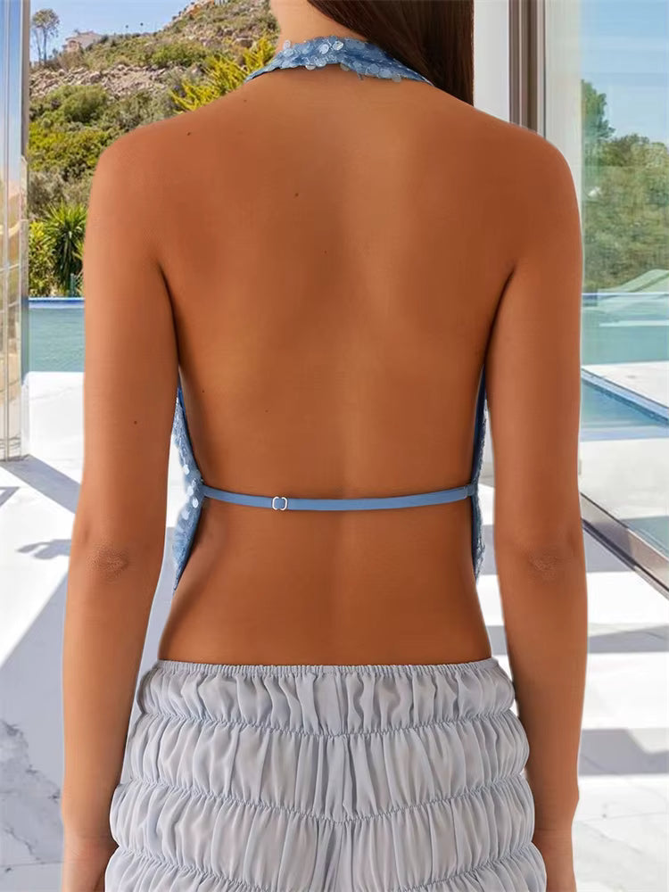 Sparkly Sequined Backless Halter Off Shoulder Backless Mini Tank Tops Mssza