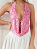 Sparkly Sequined Backless Halter Off Shoulder Backless Mini Tank Tops Mssza