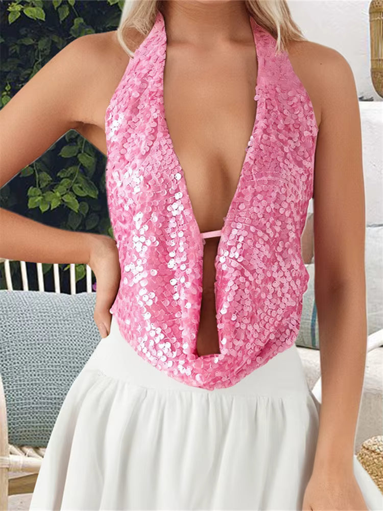 Sparkly Sequined Backless Halter Off Shoulder Backless Mini Tank Tops Mssza
