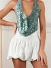 Sparkly Sequined Backless Halter Off Shoulder Backless Mini Tank Tops Mssza