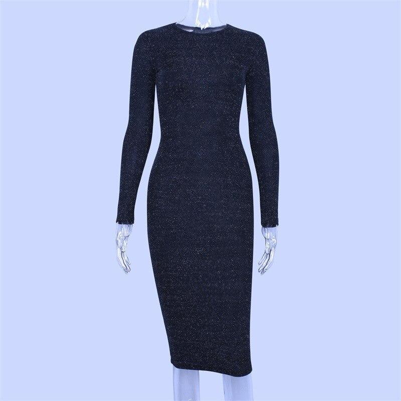 Sparkly long sleeve dress Autumn knee slim fit pencil dresses Glitter o neck bodycon dress shinny club party vestidos Mssaz Desses