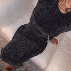 Sparkly long sleeve dress Autumn knee slim fit pencil dresses Glitter o neck bodycon dress shinny club party vestidos Mssaz Desses