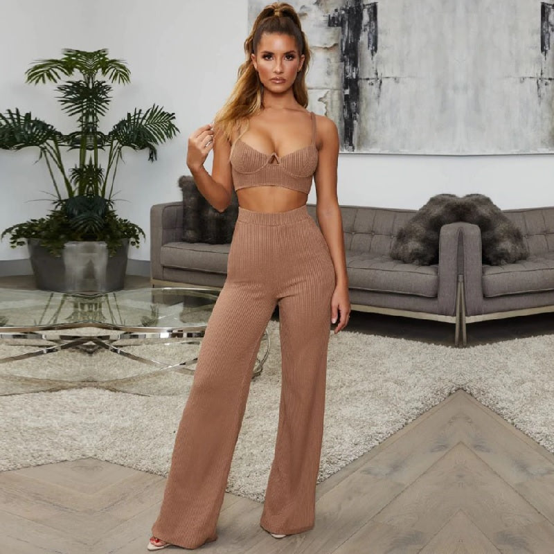 Spgahetti Strap Top& Full Pants Club Casual Sets 2 Pieces Mssza