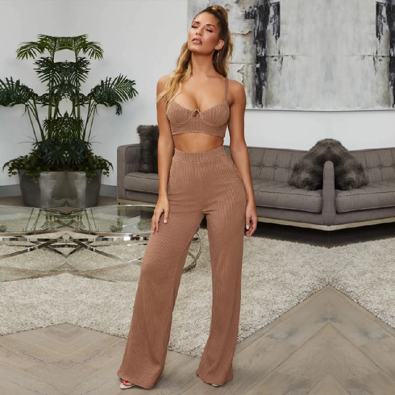 Spgahetti Strap Top& Full Pants Club Casual Sets 2 Pieces Mssza