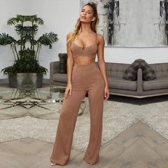 Spgahetti Strap Top& Full Pants Club Casual Sets 2 Pieces Mssza
