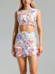 Spliced Appliques O Neck Top High Waist Patchwork Zipper Skirt Two Piece Set Mssza