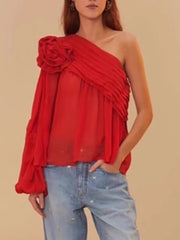 Spliced Appliques Slanted Collar Single Shoulder Sleeves Blouses Shirts Mssza