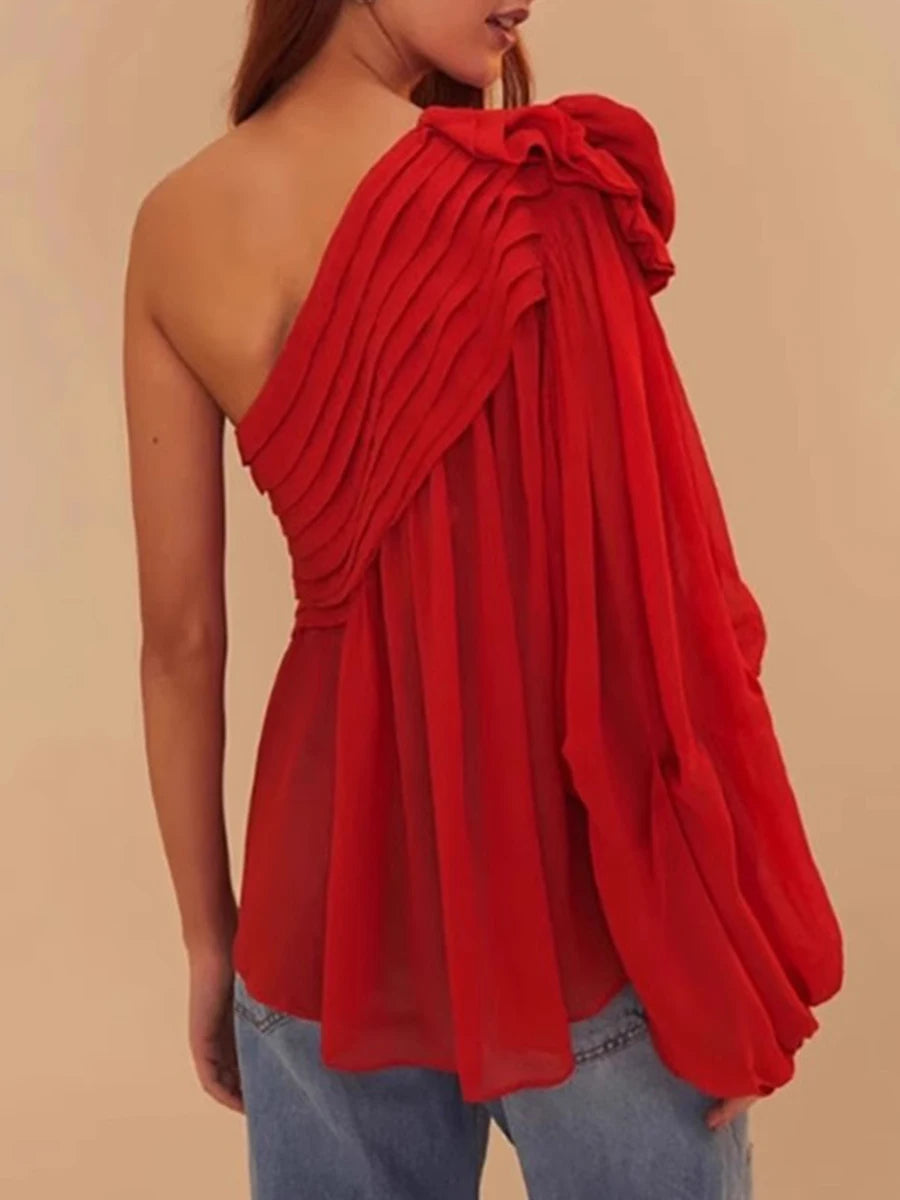Spliced Appliques Slanted Collar Single Shoulder Sleeves Blouses Shirts Mssza