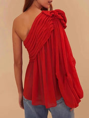 Spliced Appliques Slanted Collar Single Shoulder Sleeves Blouses Shirts Mssza