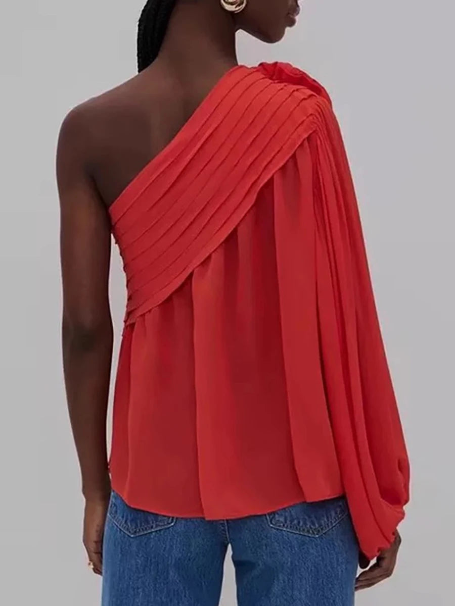 Spliced Appliques Slanted Collar Single Shoulder Sleeves Blouses Shirts Mssza