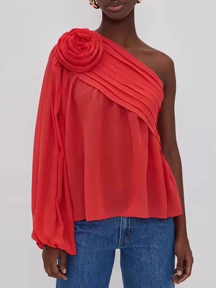 Spliced Appliques Slanted Collar Single Shoulder Sleeves Blouses Shirts Mssza