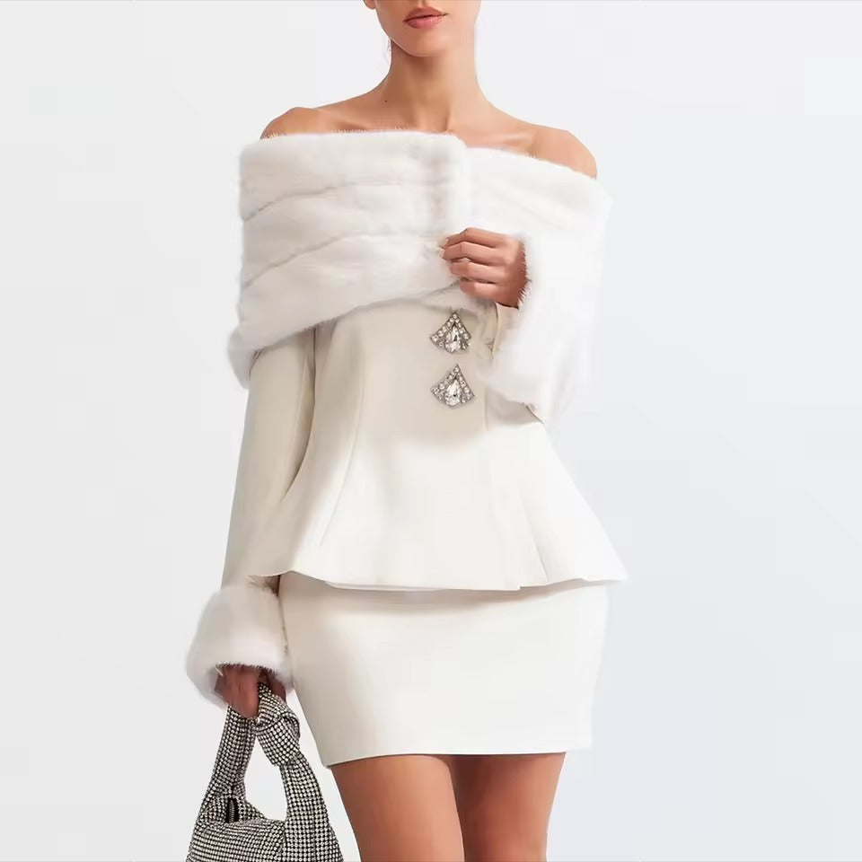 Spliced Diamonds Slash Collar Top High Waist Skirt Two Piece Set Mssza