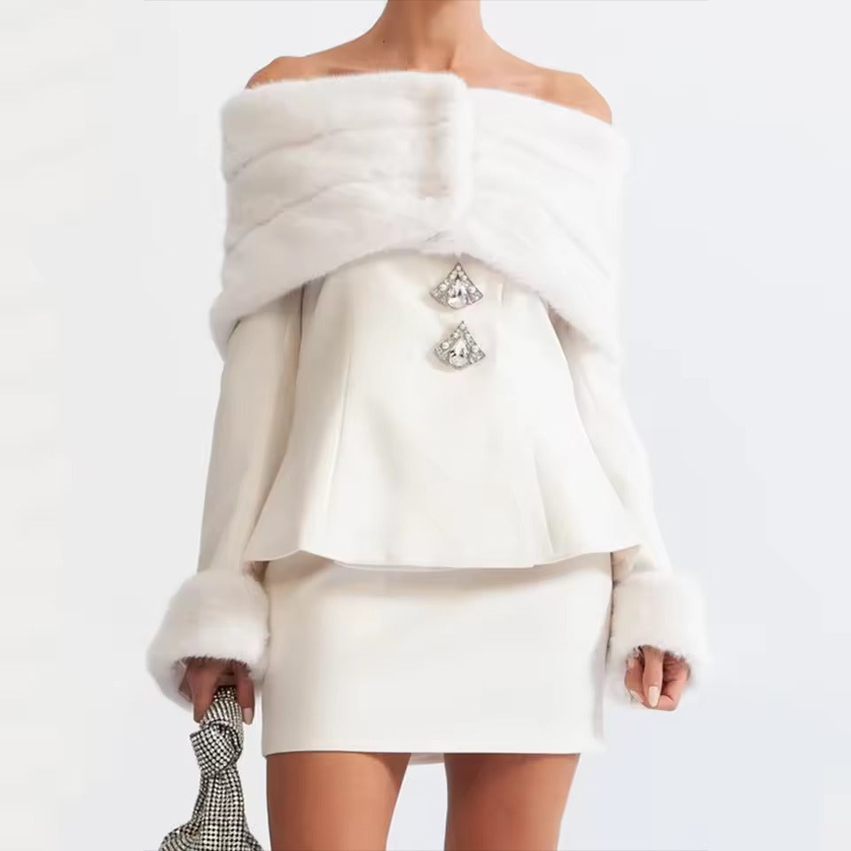 Spliced Diamonds Slash Collar Top High Waist Skirt Two Piece Set Mssza