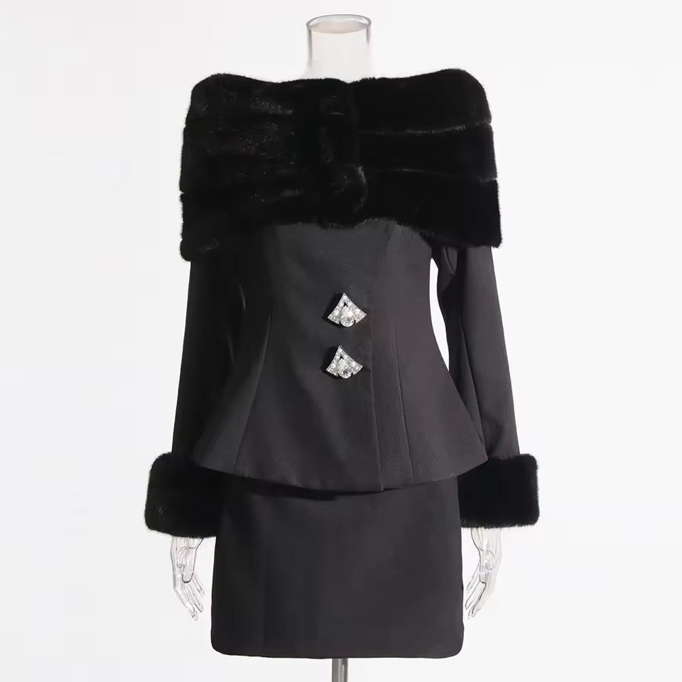 Spliced Diamonds Slash Collar Top High Waist Skirt Two Piece Set Mssza
